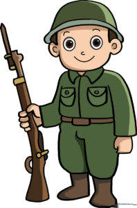 A completed, colored cartoon soldier standing with a rifle, ready for a drawing tutorial.