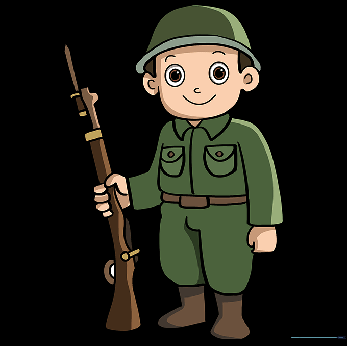 Finished soldier drawing colored with camouflage patterns.