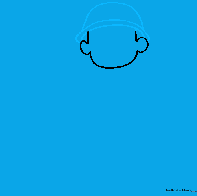 Drawing the brim and dome of a soldier's helmet on the head sketch.