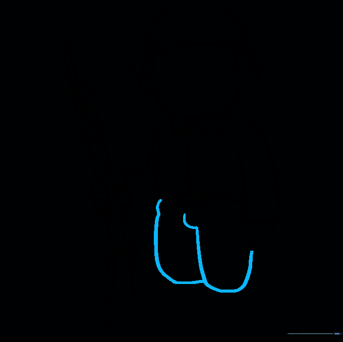 Drawing the long, curved lines for the soldier's pant legs.