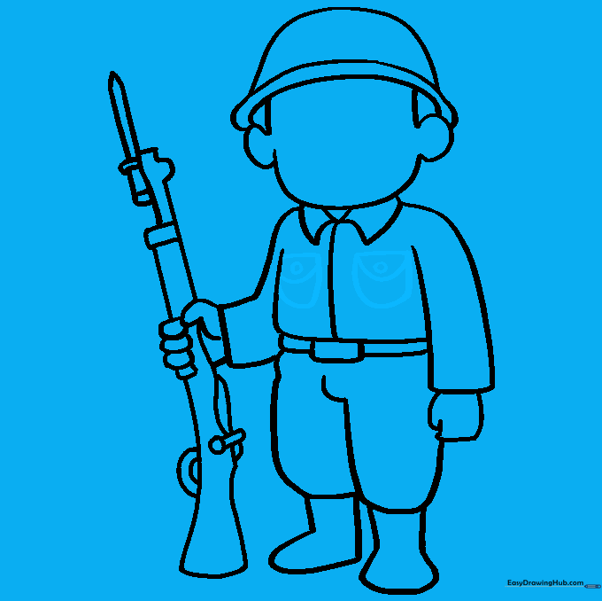 Adding pocket and button details to the soldier's uniform shirt.