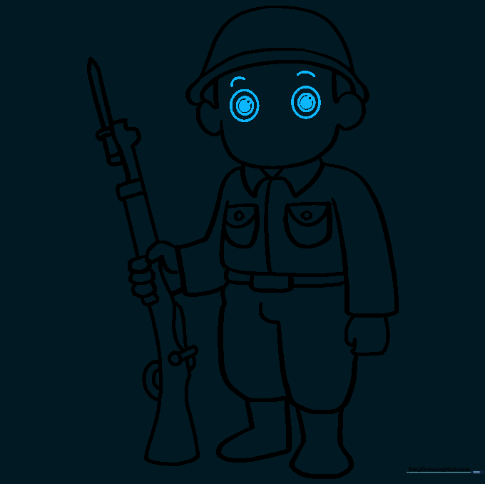 Detailed drawing of the soldier's eyes with pupils and eyebrows.