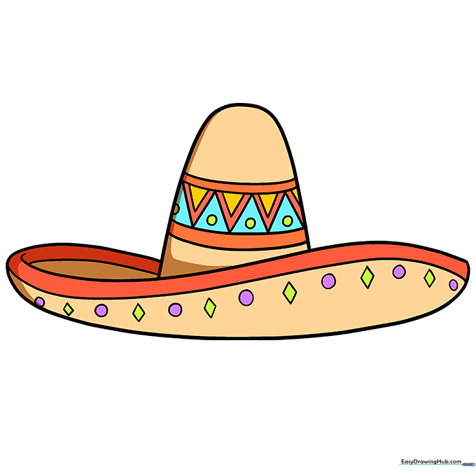 A fully colored, vibrant sombrero drawing with intricate patterns.