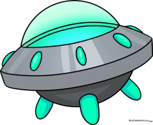 A vibrant, finished drawing of a cartoon spaceship floating in space.