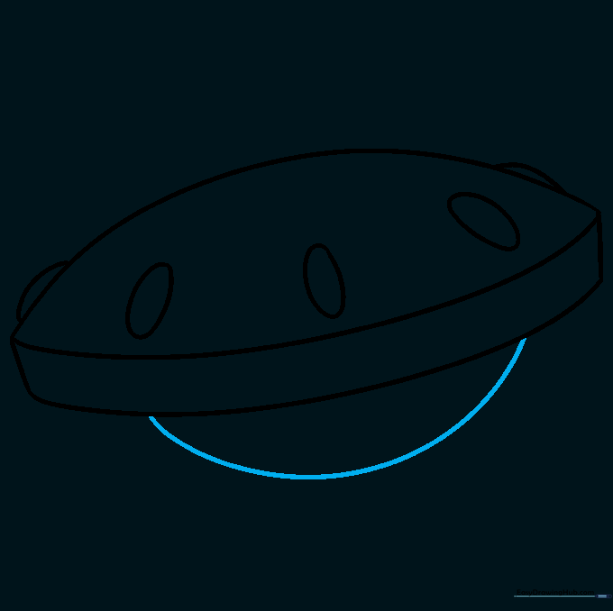 Drawing a large semicircle curve under the ship for landing gear placement.