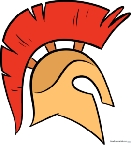 A finished, colored illustration of a classic Spartan helmet with a prominent crest.