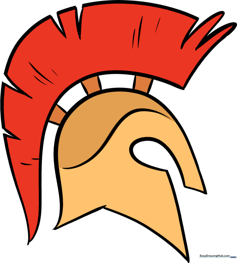 A finished, colored illustration of a classic Spartan helmet with a prominent crest.