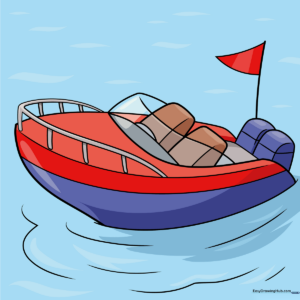 Colorful illustration of a speed boat cutting through water.