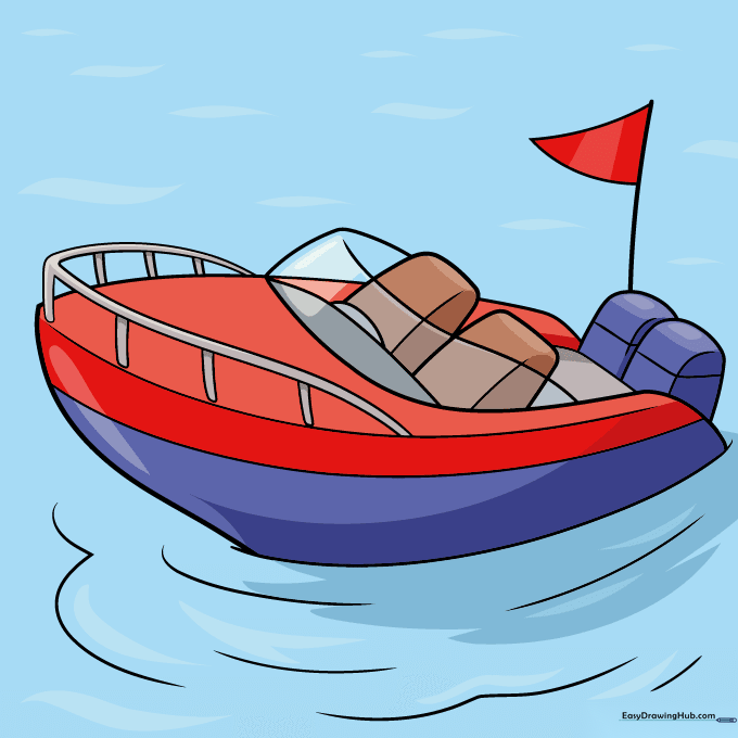 A fully colored speed boat drawing with red and blue accents.
