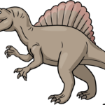 Colorful cartoon Spinosaurus standing in a prehistoric landscape.