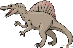 Colorful cartoon Spinosaurus standing in a prehistoric landscape.