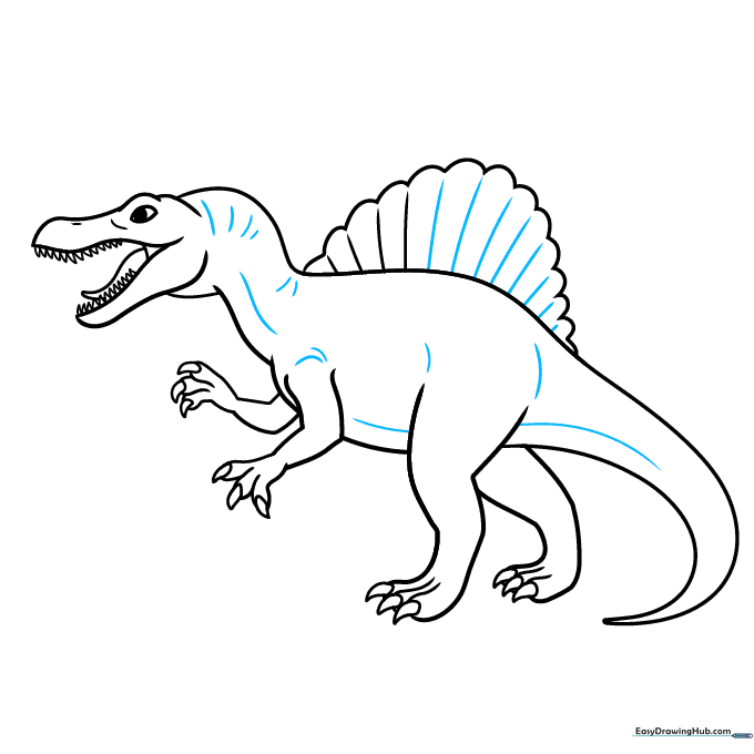 Adding final contour lines and cleaning up the Spinosaurus sketch.