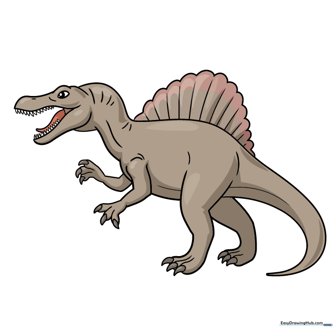 A fully colored, cartoon-style Spinosaurus illustration.