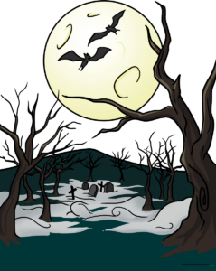 A completed, colorful illustration of a spooky forest with a full moon, graveyard, and bats.