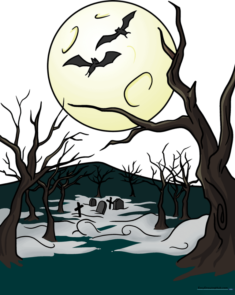A completed, colorful illustration of a spooky forest with a full moon, graveyard, and bats.