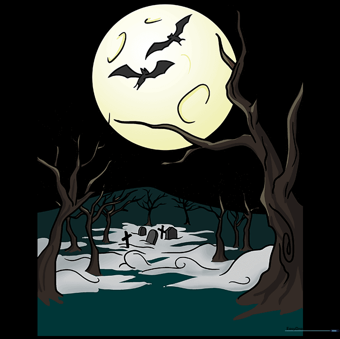 The finished, colored spooky forest drawing with a bright moon and dark trees.