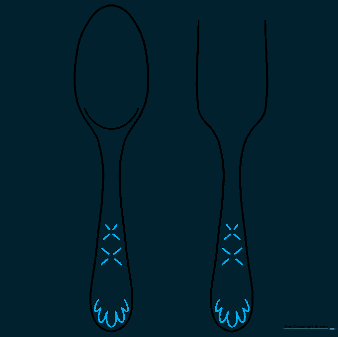Spoon and fork handles decorated with small U-shapes and X-marks.