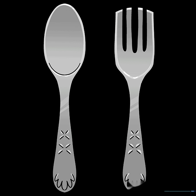 A fully colored, finished drawing of a silver spoon and fork.