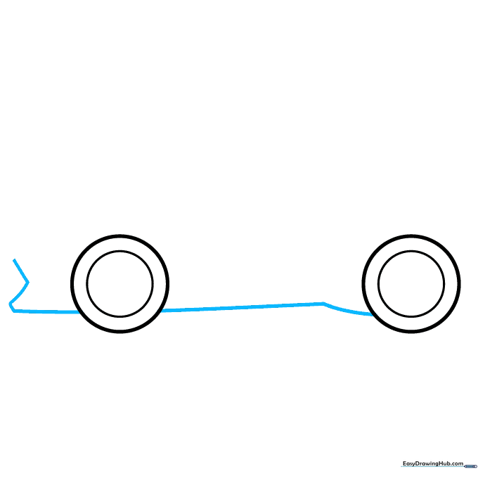 Connecting the two wheel circles with lines to create the car's lower body frame.