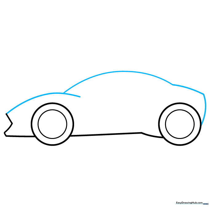 Drawing the long, aerodynamic curve of the sports car's hood and roofline.