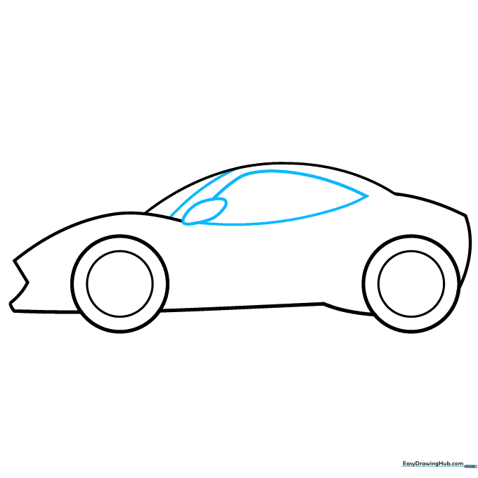 Adding the side mirror and the angled windshield lines to the car body.