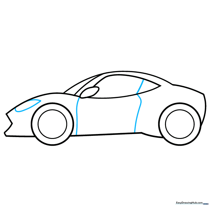 Drawing the door panel lines and the teardrop-shaped headlight on the front hood.