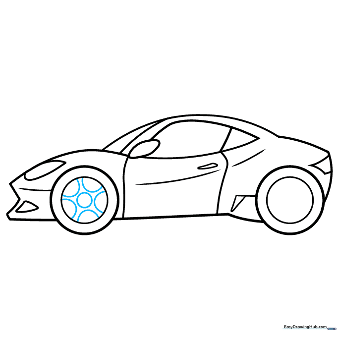 Adding rim details to the wheels using small circles and half-circles.