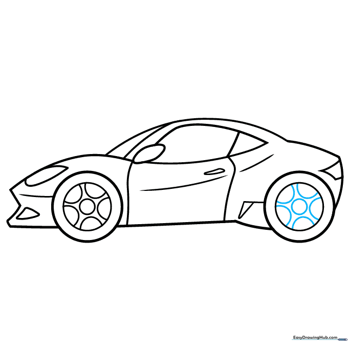 Finalizing the wheel details on the front tire to complete the car outline.