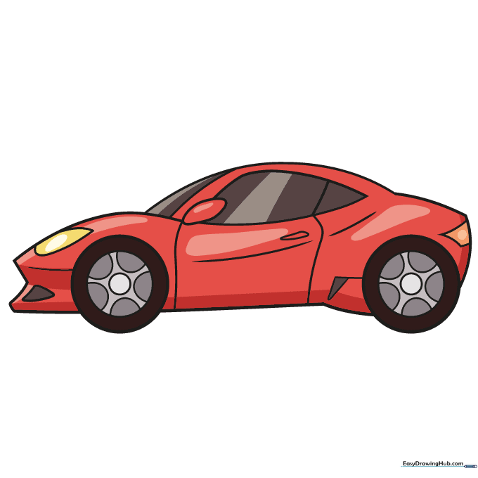 A fully colored, bright red sports car with tinted windows.