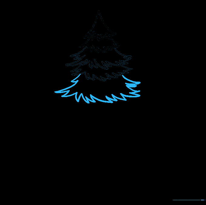 Drawing a large, wide layer of branches for the middle of the spruce.