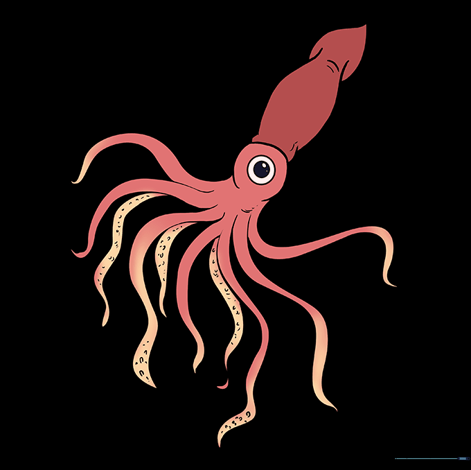 A fully colored, vibrant squid drawing with red and orange hues.