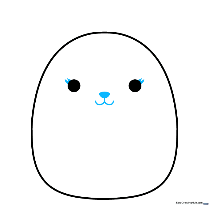 Detailing the Squishmallow face with eyelashes, a small nose, and a smiling mouth.