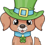 A cute, finished cartoon puppy wearing a leprechaun hat and holding a four-leaf clover.