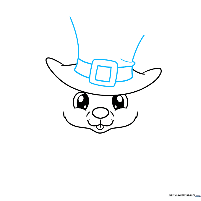 Drawing the leprechaun hat crown and buckle detail on the puppy's head.
