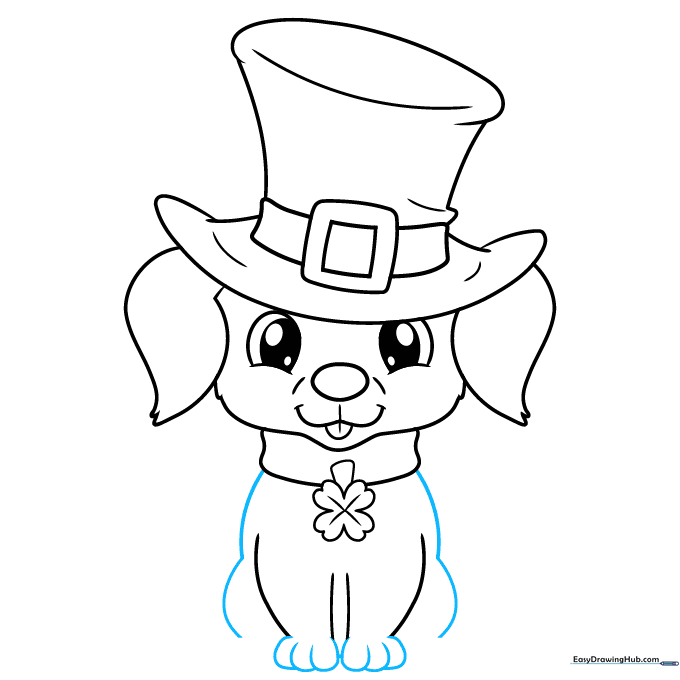 Adding the puppy's body shape and front paws with simple curved lines.