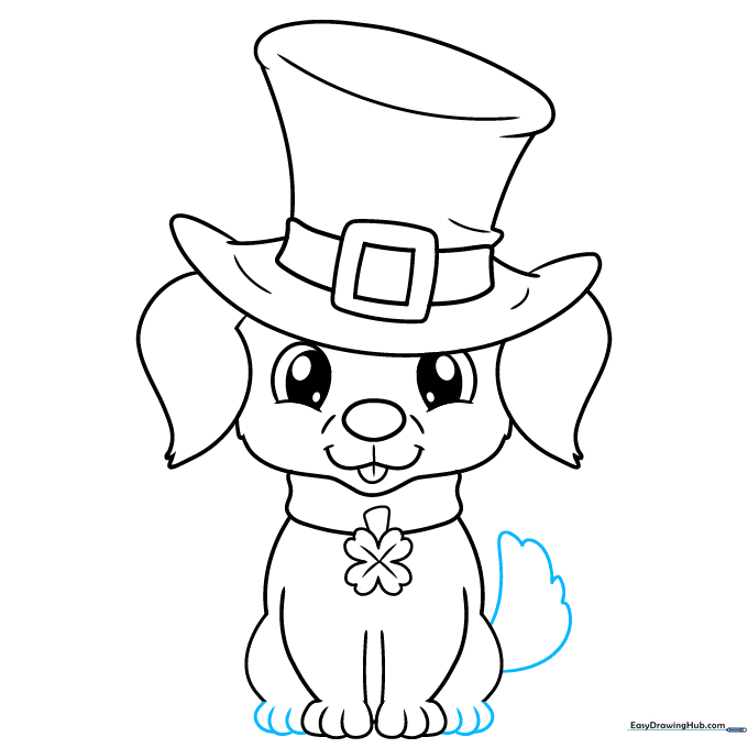 Finalizing the puppy drawing with back paws and a fluffy, curved tail.