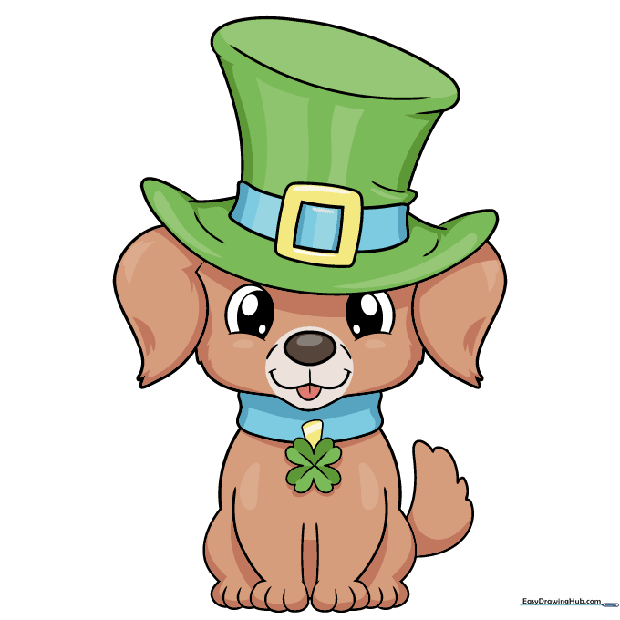 A fully colored, festive St. Patrick's Day puppy drawing with a green hat and clover.