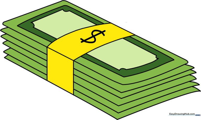 A completed, vibrant illustration of a stack of money with a currency band.