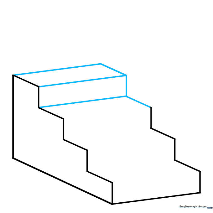 Drawing showing the connection of lines to create a three-dimensional staircase block.