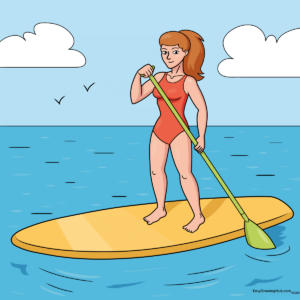 Colorful, finished drawing of a girl paddle boarding on a sunny day.
