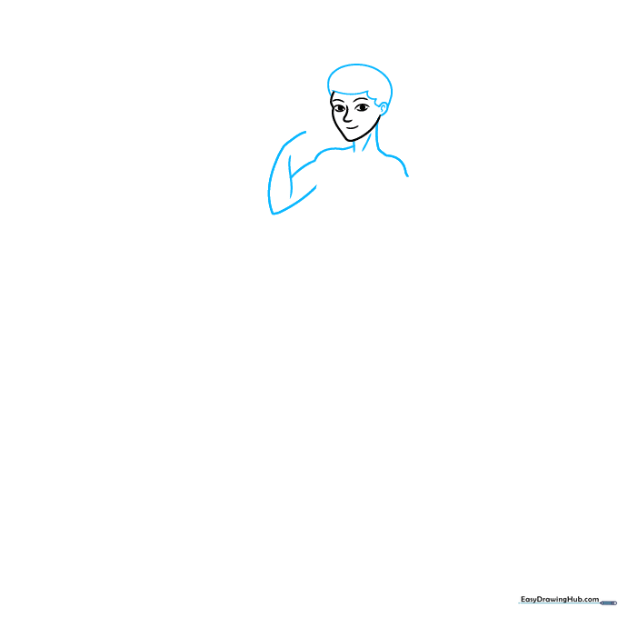 Line drawing showing the addition of hair, neck, and shoulder contours to the character.