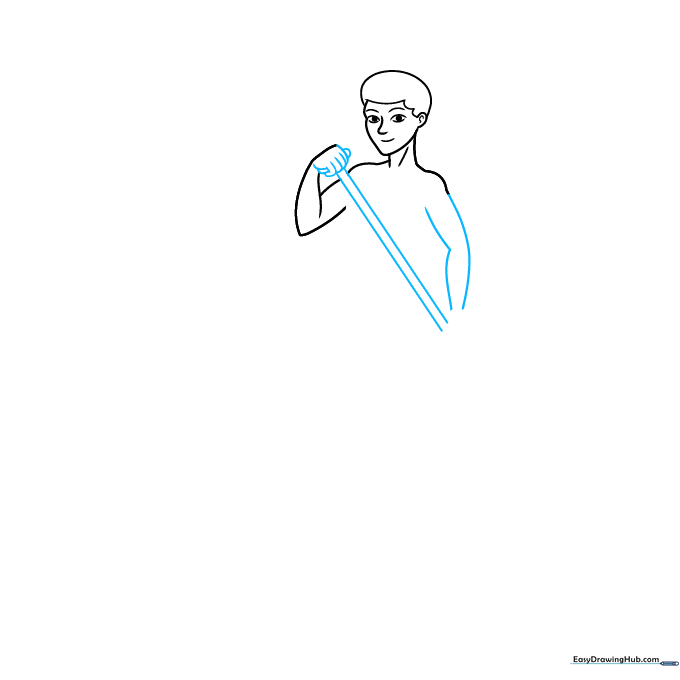 Sketch showing the character's arms holding a long paddle shaft.