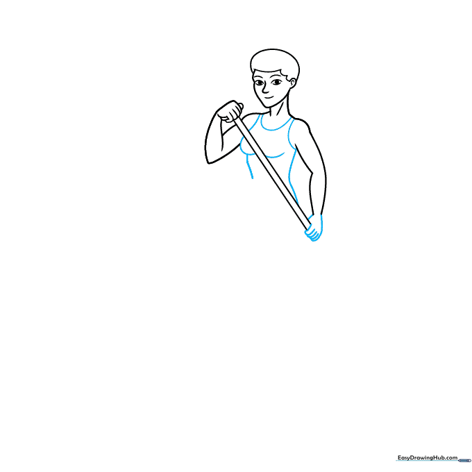 Detailed sketch of the character's torso and hands gripping the paddle.
