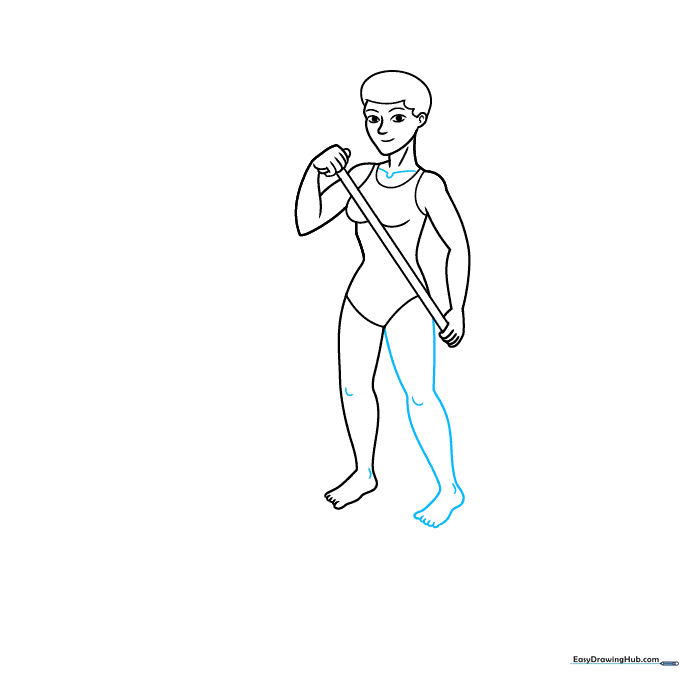 Close-up view of the character's legs with added anatomical contour lines.