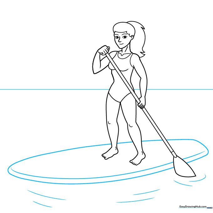 Sketch showing the paddle board beneath the character and water ripples.