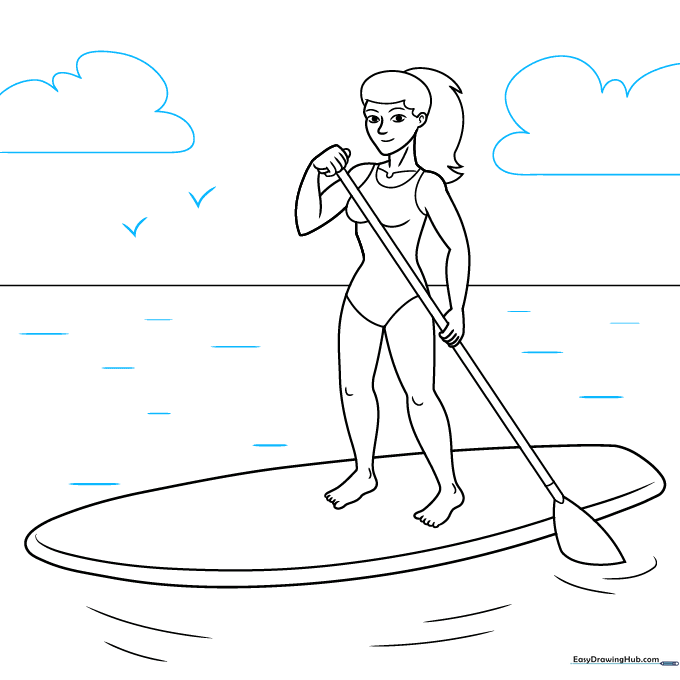 Final line art showing the complete scene with clouds, birds, and water.