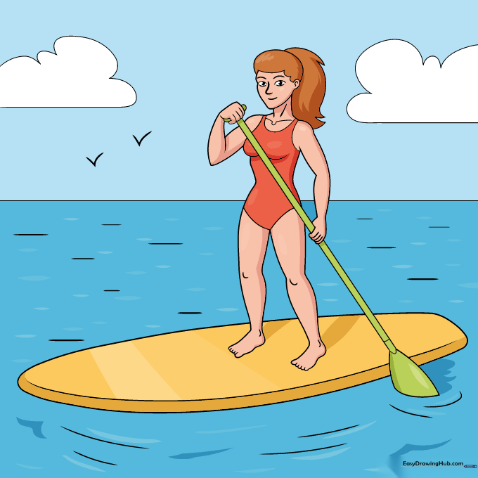 Fully colored illustration of a girl on a stand-up paddle board.