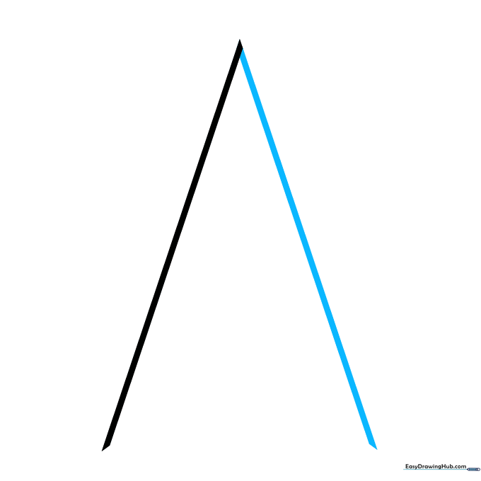 Two diagonal lines meeting at a point to form the top triangle of a star.