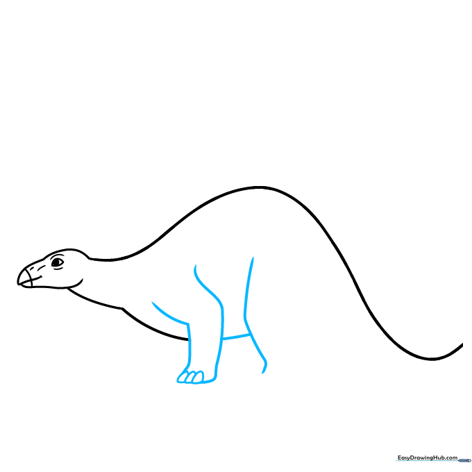 Drawing the front legs of the Stegosaurus with triangular toes.