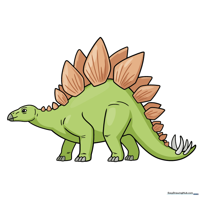 A fully colored, vibrant cartoon Stegosaurus drawing.